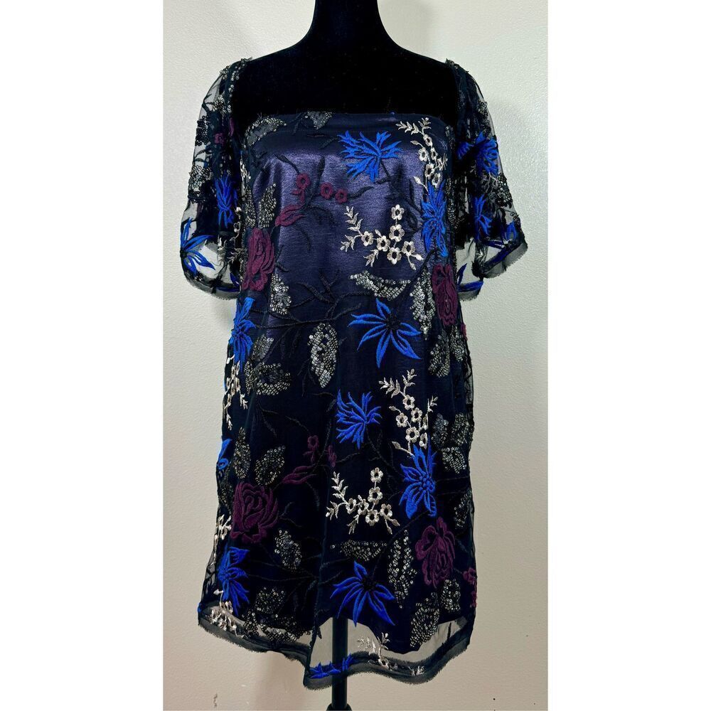 Urban Outfitters - Embroidered Blue & Gold Flower Pattern, Mini Dress